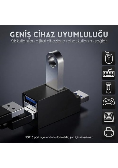 Usb Çoklayıcı Hub 3 Port Switch - 1x Usb 3.0 + 2x Usb 2.0 - Laptop, Pc İçin Usb Çoğaltıcı Adaptör - Kolay Taşınabilir Bileklik İpli Splitter - Siyah