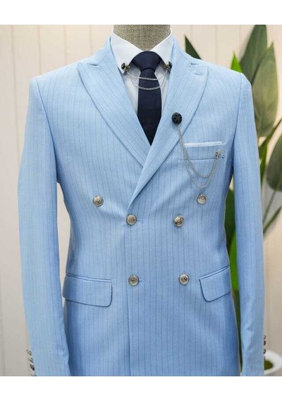 Beystil Sivri Yaka Bebe Mavisi Çizgili Kruvaze Takım Elbise - Slim Fit Mavi