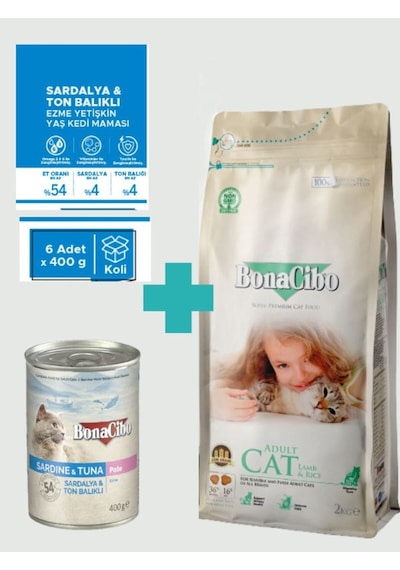 Bonacibo Kuzulu Kuru Mama 2 Kg & Deniz Ürünlü Ezme Yaş Mama Avantaj Paketi 6x400 Gr