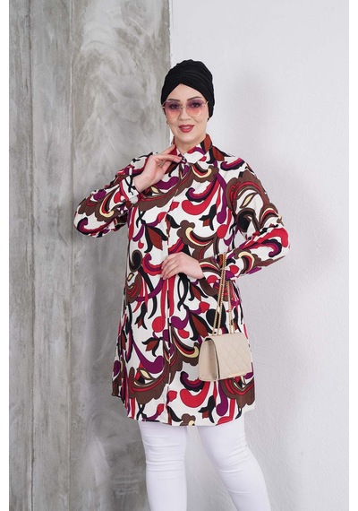 Polologin Butik Karışık Desenli Beyaz Gömlek Tunik Beyaz & Kırmızı & Kahverengi