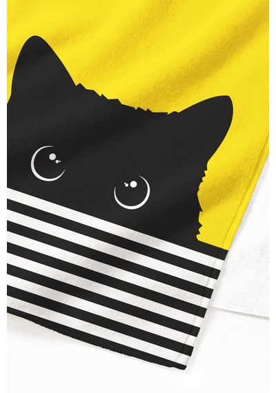 Kedi Temalı Sarı Siyah Çocuk Plaj Havlusu - Çizgili Modern Unisex Hızlı Kuruyan Mikrofiber Havlu Kül Kabuğu