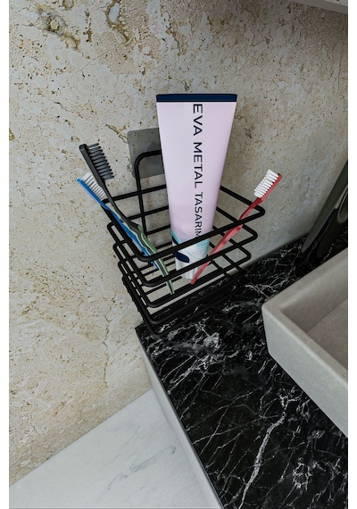 Eva Metal Tasarim Yapışkanlı Metal Diş Fırçalık Siyah