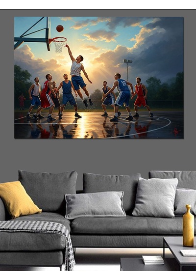Ahşap Tablo Basketbol Maçında Smaç Yapan Oyuncular