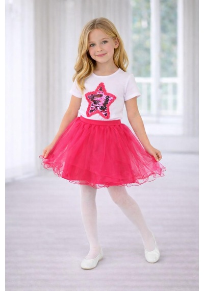 Dıgıl Kids Kız Çocuk Yıldız Desenli T-shirt Etek Takım Pembe - Beyaz