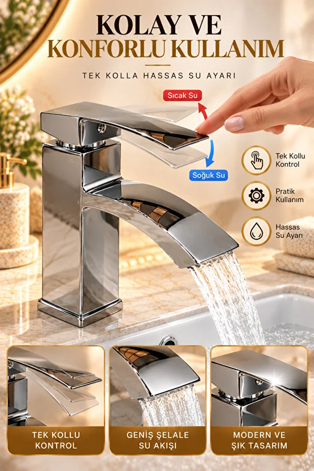 Lavabo Bataryası Şelale Akışlı Krom Banyo Lavabo Musluğu Modern Armatür