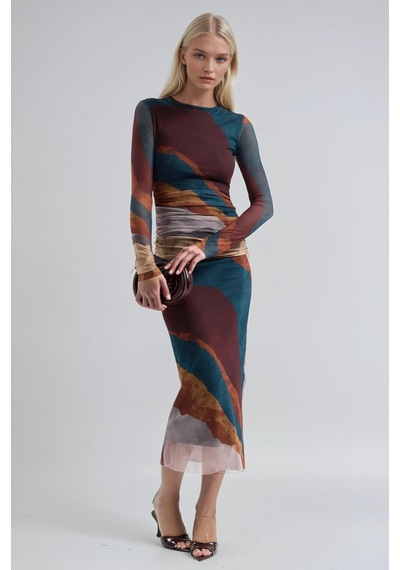 Lijuri Batik Desenli Tül Elbise 2977 Kiremit