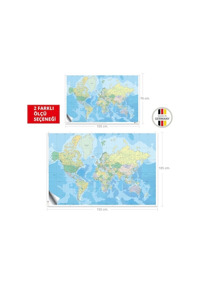 Plustablo Kendinden Yapışkanlı Eğitim Amaçlı Siyasi Dünya Haritası Duvar Stickerı 100x150 Cm. 1