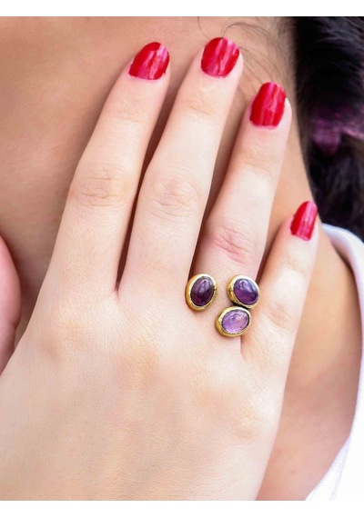 Doğal Taş Ametist Üçlü Doğal Taşlı Antik Model Kadın Ayarlanabillir Yüzük Euy76amt Mor