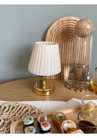 Osmanlı İpeği Pileli Kablosuz Masa Lambası -alt Parlak Gold Led Işık 9v Pil 75-90 Saat
