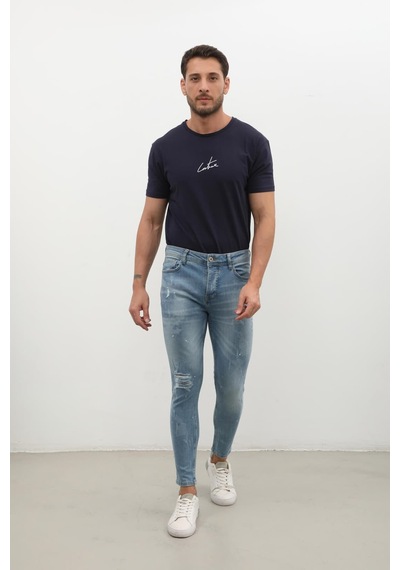Erkek Skinny Ripped Jean Açık Mavi Koyu Mavi