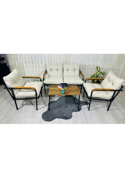 Madame Home Kaktüs Balkon, Bahçe,teras,cafe - Salon - Metal Kanepe Koltuk Takımı - 2 1 1 Sehpa Krem