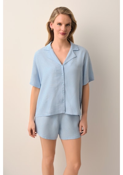 Suwen Petra Gömlek Yaka Şort Pijama Takımı Sh26512667b015 Mavi