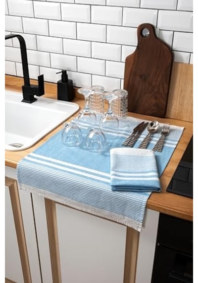 2'li Mutfak Kurulama Bezi,%100 Pamuk Yüksek Su Emici, Beslenme Örtüsü, Çok Amaçlı Servis Peçetesi 45x60cm Mavi Genel