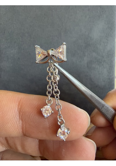 %100 316 L Cerrahi Çelik Papyon Sallantılı Tek Taş Zincirli Çelik Göbek Piercingi Gümüş