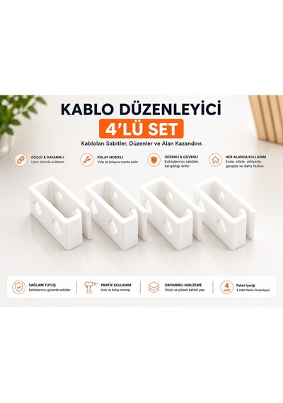 Veriqo 3d 4'lü Kablo Düzenleyici Kablo Sabitleyici Kablo Tutucu Vida Montajlı Kablo Klipsi