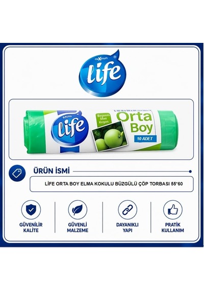 Life Elma Kokulu Orta Boy Büzgülü Çöp Torbası 10'lu 20'li Paket