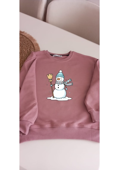 Kız Çocuklar İçin Kardan Adam Baskılı Pudra Rengi Sweatshirt Pudra
