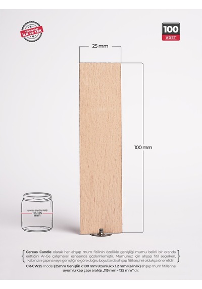 Ahşap Mum Fitili 25 Mm Genişlik Nikel Kaplama Çelik Taban, 3m Köpük Bantlı, 100 Lü Set Ahşap