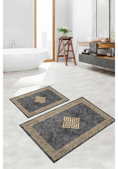 Buççin Online Mağaza Dijital Baskılı Yıkanabilir Çerçeveli Klasik Model Banyo Paspası Klozet Takımı Polyester Bej Çok Renkli