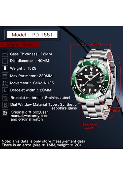 Pagani Design Pd-1661 Submariner 40mm Otomatik Mekanik Kol Saati Paslanmaz Çelik Dalgıç Saat Safir Cam Erkek Saati Siyah-yeşil Diğer