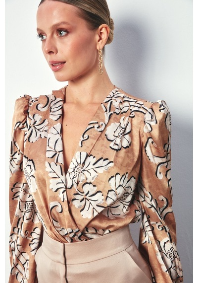 Sateen Desenli Bodysuit Bluz - Camel