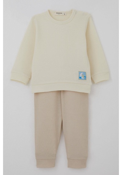 Breeze Erkek Bebek Pijama Takımı Omuzdan Patlı Sevimli Uykucu Yıldız Armalı 4 Ay-1 Yaş, Krem