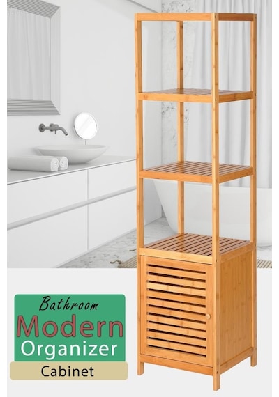 Digithome Bambu Tek Kapaklı 4 Raflı Çok Amaçlı Düzenleyici Organizer Dolap - Db-0003