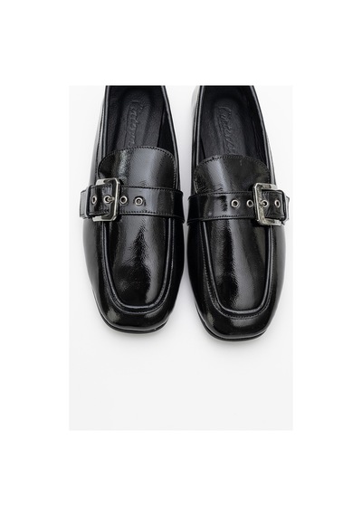 Luvishoes Luvi Shoes Clarıon Siyah Rugan Hakiki Deri Kemerli Küt Burun Kadın Loafer Ayakkabı SİYAH RUGAN