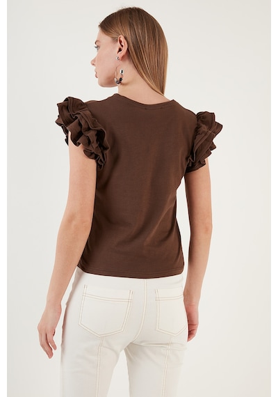 Lela Pamuklu Kolları Fırfırlı Slim Fit Bisiklet Yaka Bayan T Shirt 5864500 Kahve