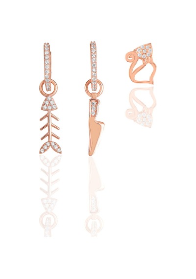 Söğütlü Silver Gümüş Rose Zirkon Taşlı Balık Kombin Üçlü Küpe Seti