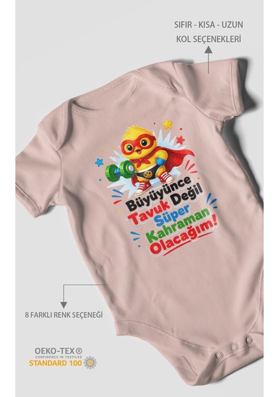 Morivokids Büyüyünce Tavuk Değil, Yazılı Kısa Kollu Bebek Body %100 Pamuk Pastel Pembe