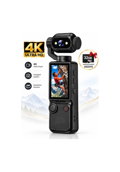 4k Ultra Hd Aksiyon Kamerası 180 Dönen Lens Spor Seyahat Vlog Ve Günlük Kullanım Kamerası Siyah