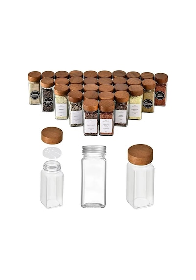 12'li Bambu Ve Akasya Kapaklı Cam Baharatlık Seti 120 Ml - Doğal Ahşap Kapaklı, Şeffaf Cam, Sağlıklı Ve Şık Baharat Kavanozları Akasya Kapak Çok Renkli