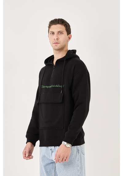 X-4005 Kapüşonlu Yarım Fermuarlı Sweat Siyah