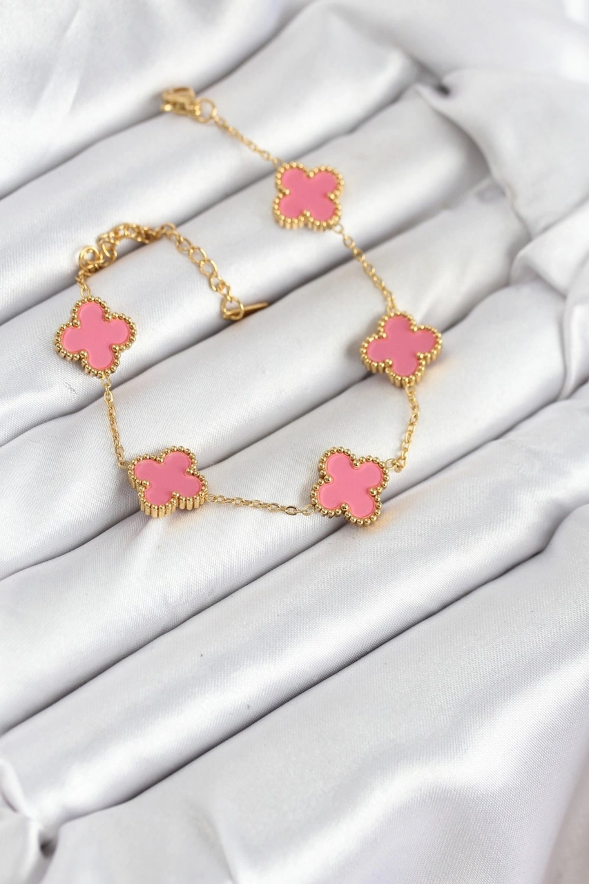 Tua Moda 316l Çelik Gold Zincir Pembe Yonca Renk Bileklik Altın