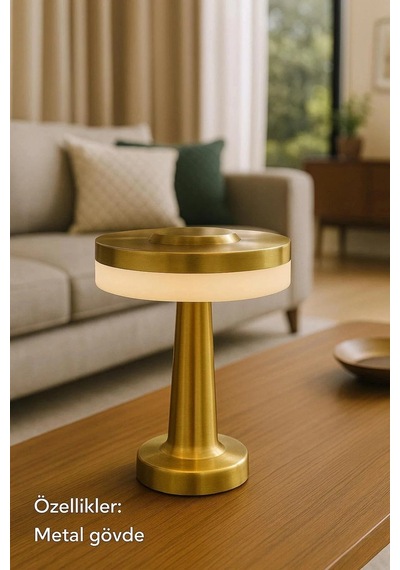 Gold Mantar Masa Lambası 3 Renk Modlu Kablosuz Şarjlı Dekoratif Metal Led Abajur Altın