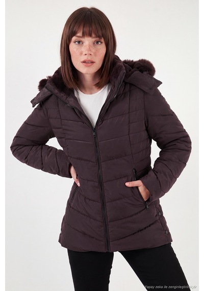 Lela Kapitoneli Slim Fit Çıkarılabilir Kapüşonlu Mont Kadın Mont 497mara Mürdüm