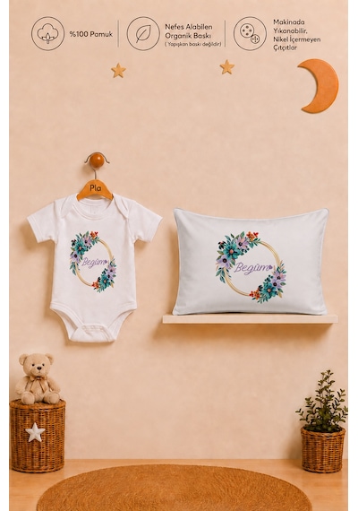 Pia Baby İsme Özel Kız Bebek Hediyesi %100 Pamuk Organik Baskılı Body Yastık Kılıfı Ve Ham Bez Kıyafet Kesesi 1026byk0x Ekru
