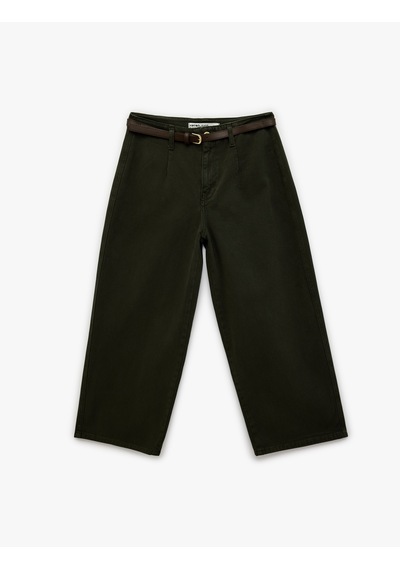 Koton Kemer Detaylı Pamuklu Kısa Geniş Paça Pantolon - Wide Leg Jeans Haki 6sal40052mw