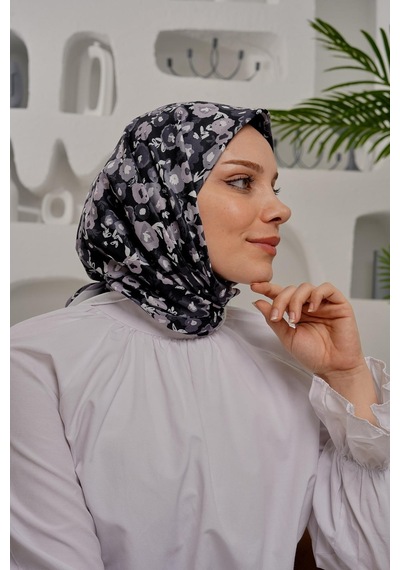 Afvente Çiçek Desen Gri Soft Pamuk Eşarp