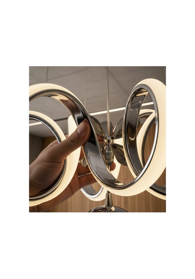 Davin Modern Krom Led Avize Spiral Halka Tasarım, Cam Küre Detaylı Lüks Sarkıt Avize Gümüş Gümüş