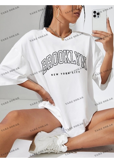 Adrift Brooklyn Baskılı Oversize Kalıp Unisex T-shirt Beyaz