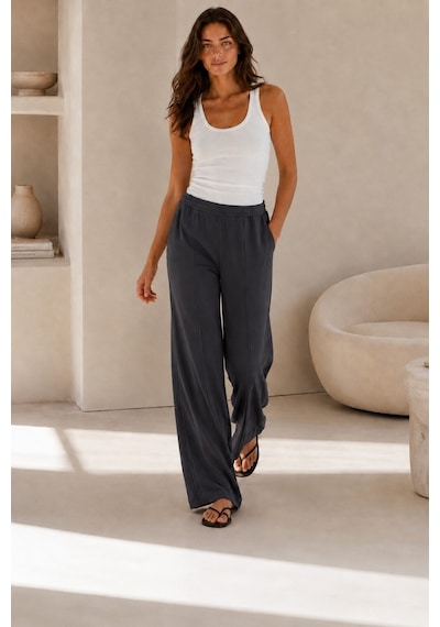 Unika Boutique Kadın Yüksek Bel Lastikli Bol Paça Rahat Pantolon Günlük Alt Giyim Antrasit