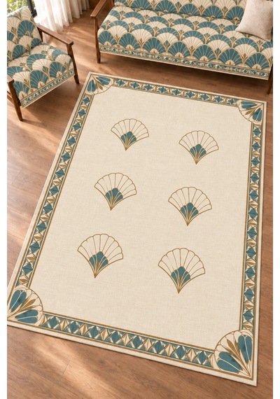 3 Lü Set 2 Adet 165x215 Cm Koltuk Örtüsü + 1 Adet 6m2 180x280 Cm Kaymaz Taban Dijital Baskılı Halı Turkuaz