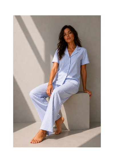 Fit Women Kadın Klasik Doğal Düğme Gece Mavi Pijama Takımı