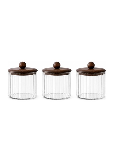 3'lü Set 750 Ml Akasya Kapaklı Çizgili Cam Kavanoz Seti Kahve Çay Şeker Kuruyemiş Saklama Kabı Çok Renkli