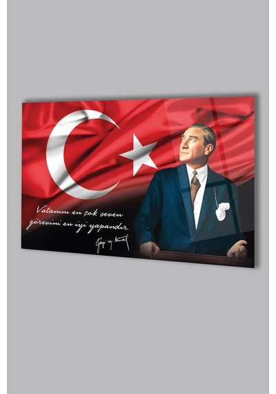Atatürk Portre Ve Türk Bayrağı Vatanını En Çok Seven Görevini En İyi Yapandır Cam Tablo, Hediyelik
