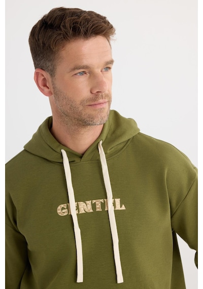 Tudors Erkek Oversize Geniş Kesim Pamuklu Baskılı Yeşil Kapüşonlu Sweatshirt-37295 Yeşil