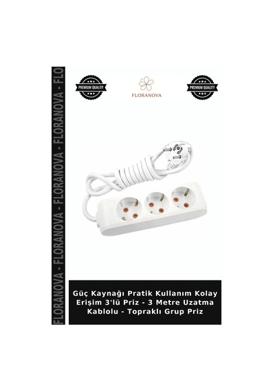 Güç Kaynağı Pratik Kullanım Kolay Erişim 3'lü Priz - 3 Metre Uzatma Kablolu - Topraklı Grup Priz