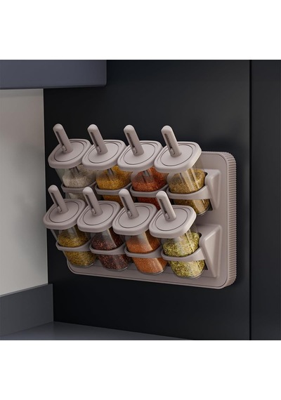 8'li Standlı Baharatlık Seti, Tezgah Üstü Ve Duvara Monte, Kilitli Kapak, Şeffaf Kavanozlar, Bpa İçermez, Modern Minimalist, Bej/gri Çok Renkli